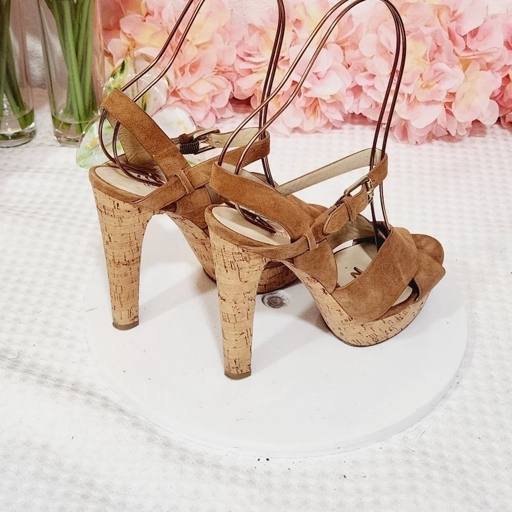 Michael Kors Adair Brown Suede Cork Platform High Heel Sandals Sz. US 6.5 M